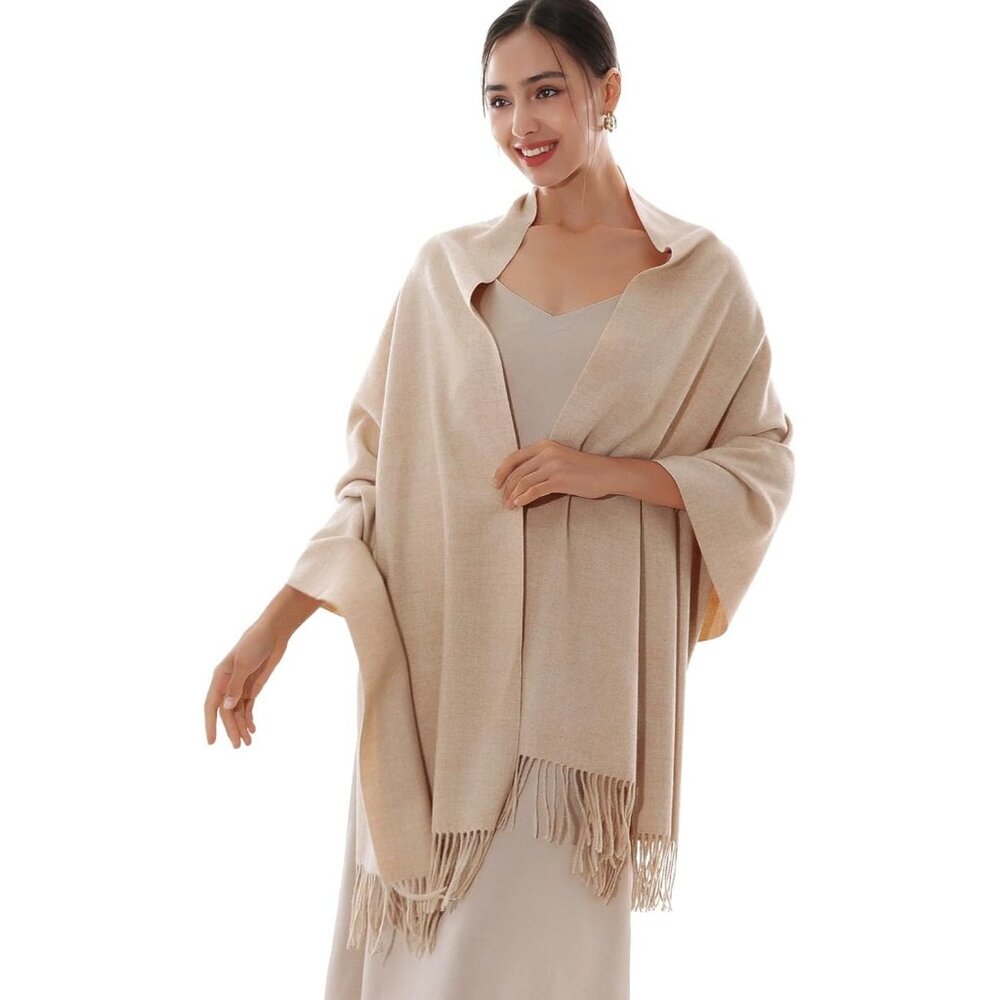 Women's Beige Pashmina Shawls Wraps For Evening Dresses Large Warm Soft Scarves - Picture 4 of 7